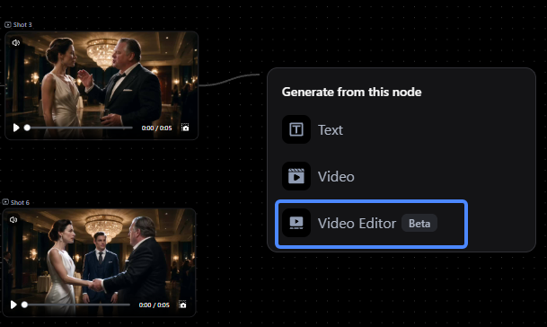 Pixmax Canvas menu for sending generated shots to the Video Editor