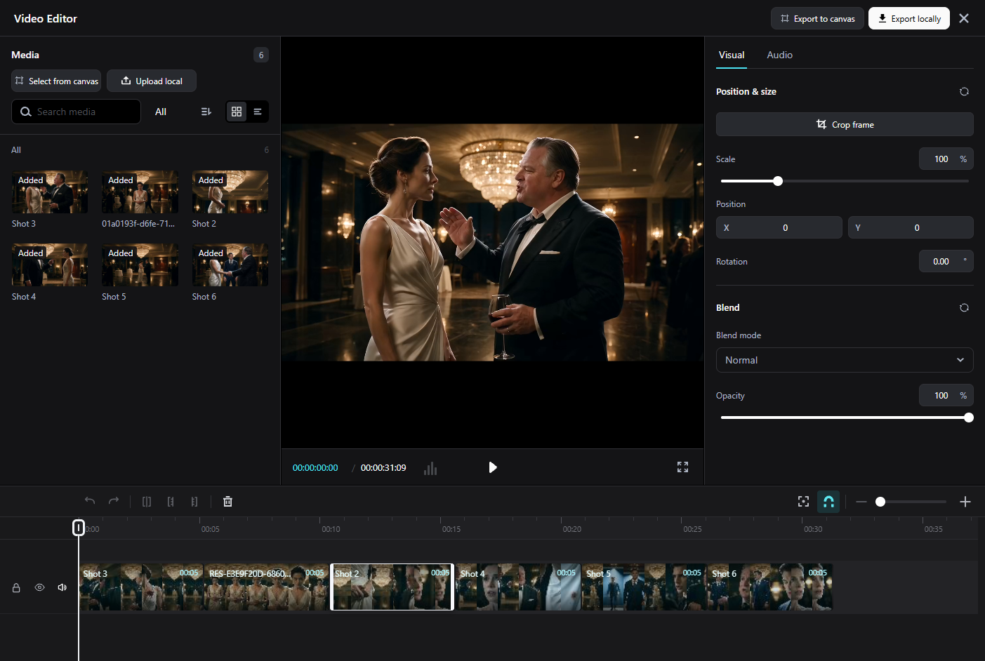 Pixmax Video Editor with generated shots arranged on the editing timeline