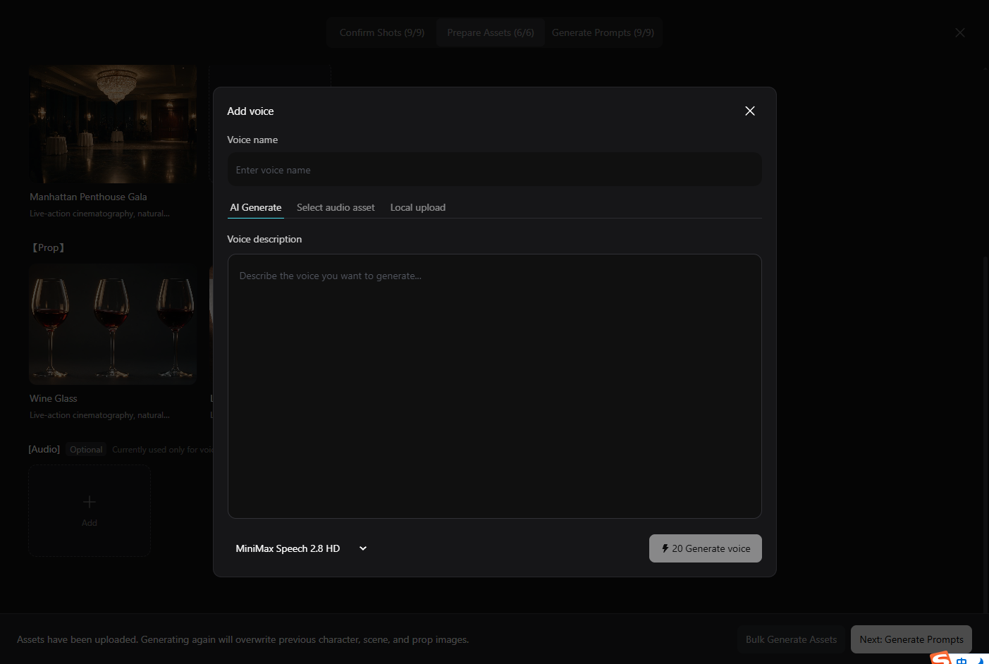 Storyboard voice generation dialog for adding audio to a scene asset
