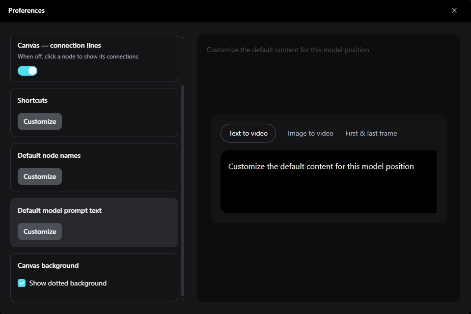 Pixmax Preferences panel for customizing default model prompt text