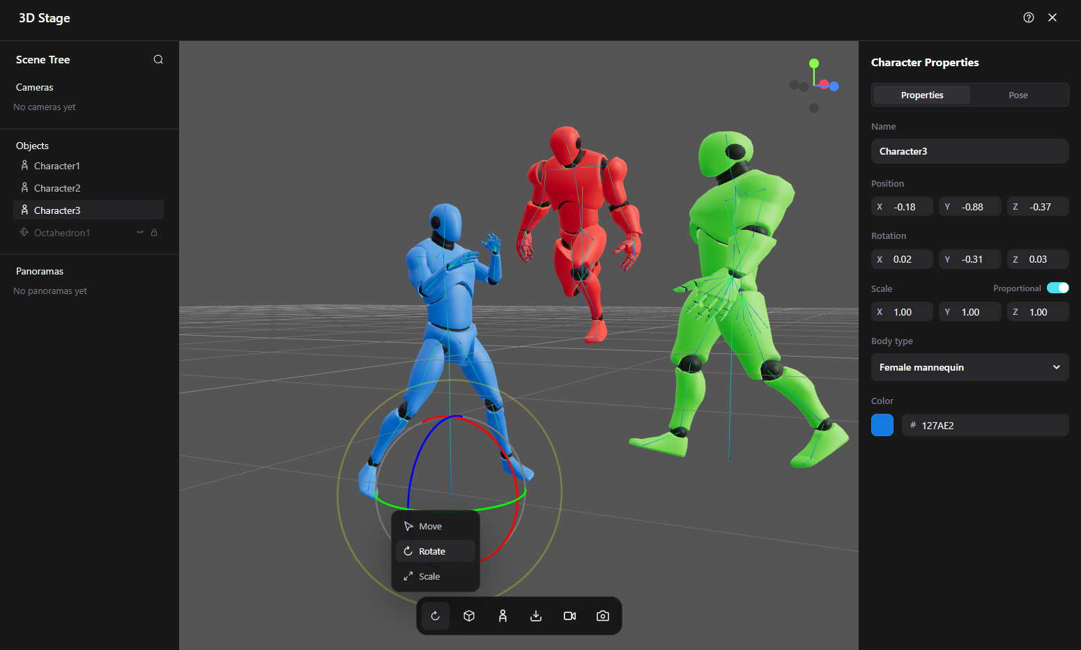 Pixmax Stage Editor beta interface with 3D character controls