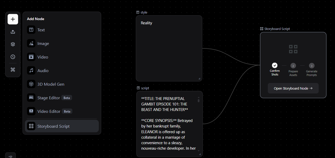 Pixmax Canvas Storyboard Script node connected to style and script inputs