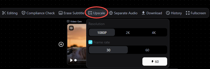 Pixmax video upscale settings with the Upscale control highlighted and resolution and frame-rate options visible