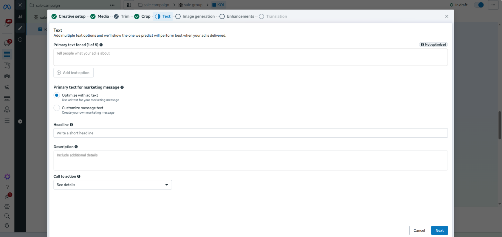 Facebook video ad primary text and headline fields in Meta Ads Manager