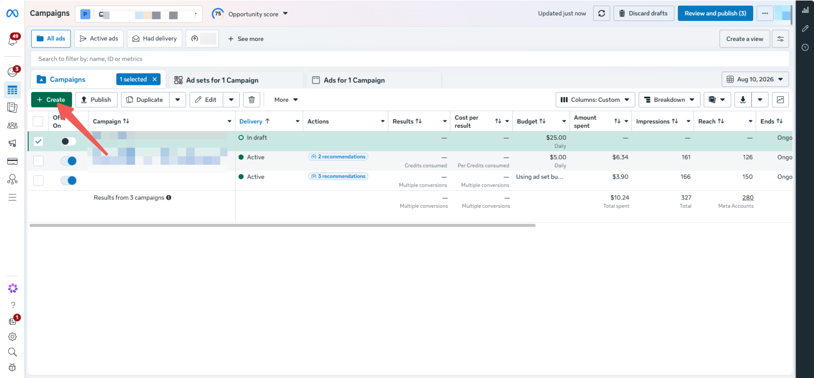 Meta Ads Manager campaign dashboard for creating a Facebook video ad