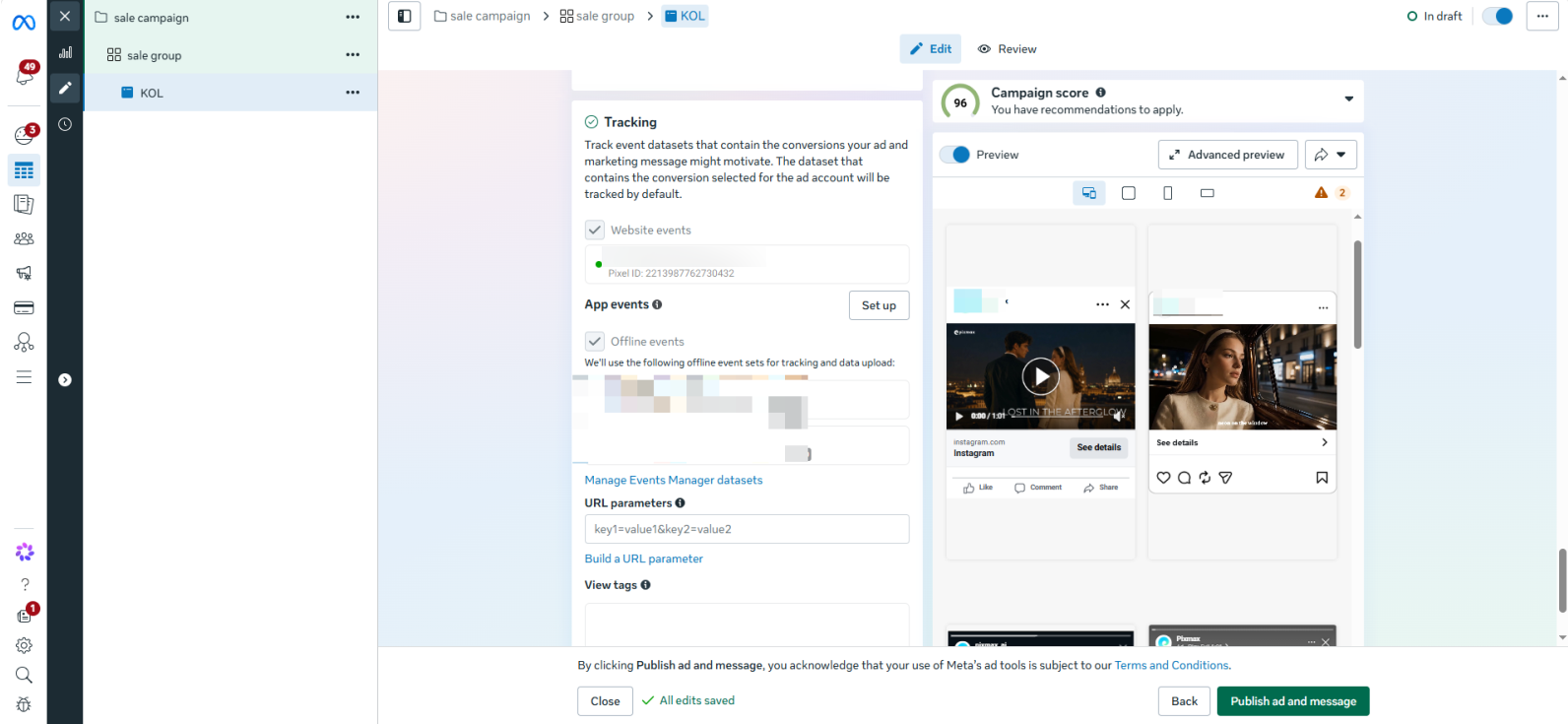 Meta Ads Manager preview and publish controls for a Facebook video ad