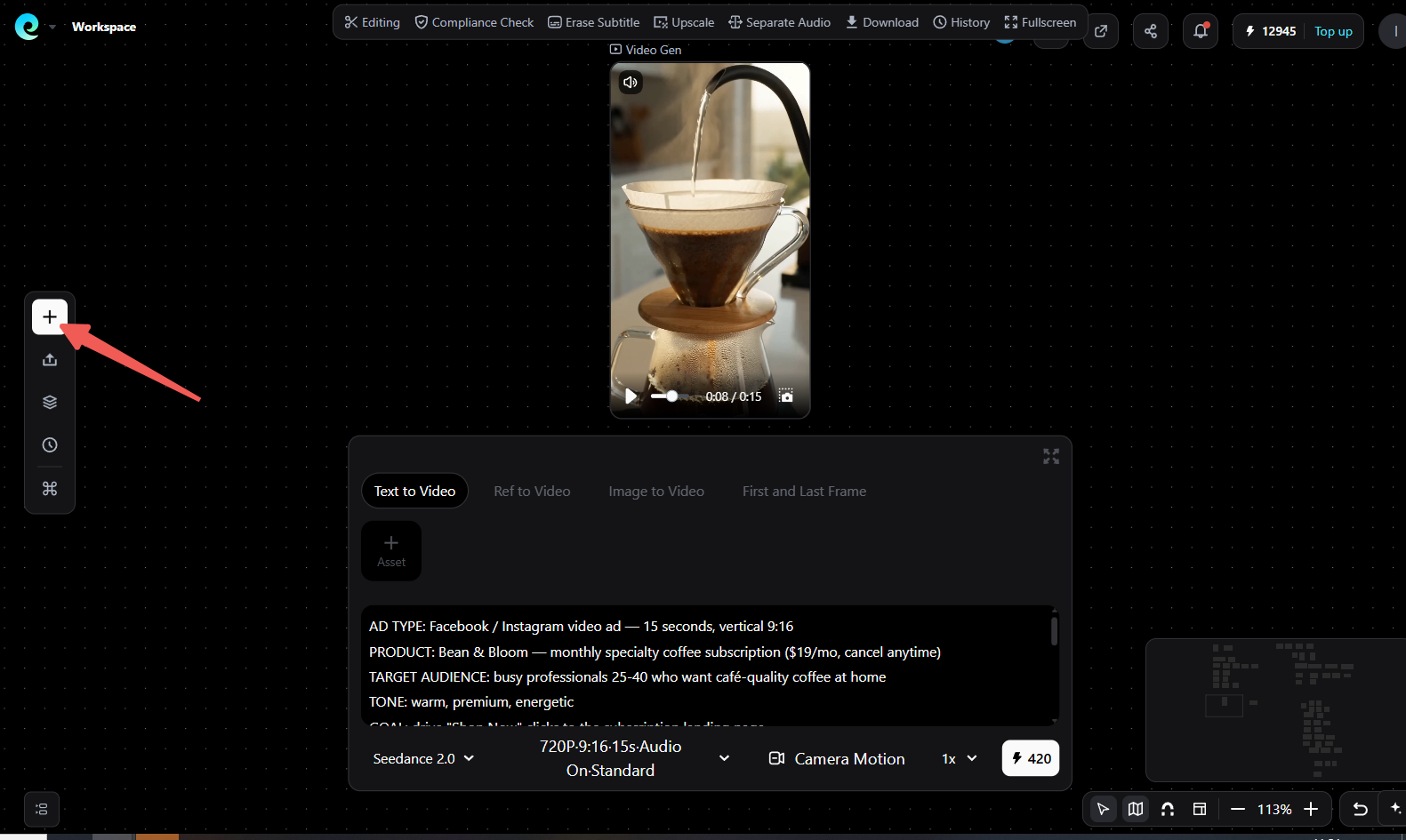 Pixmax AI Video Agent workspace for generating a Facebook video ad from a script