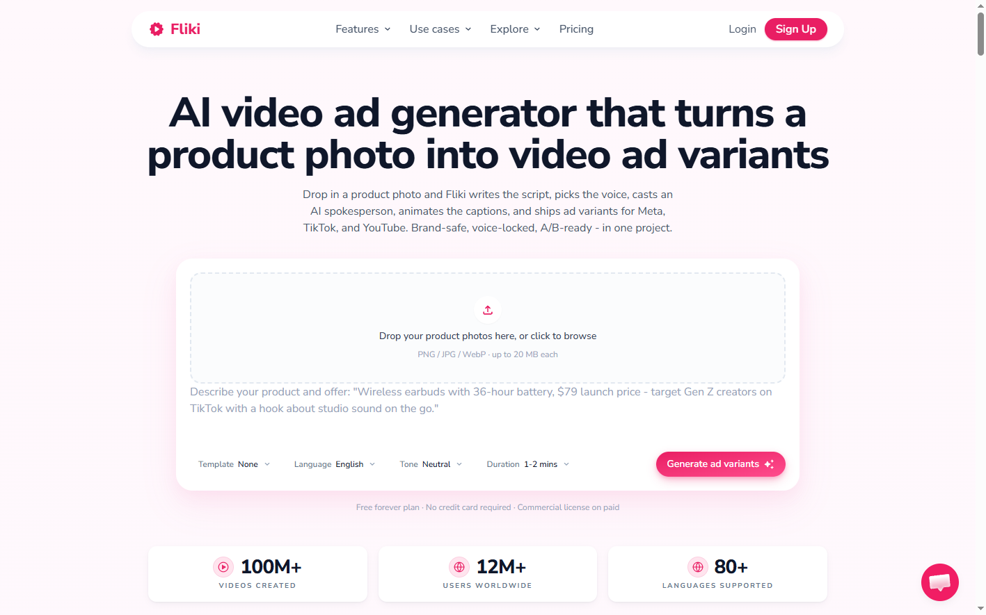 Fliki AI ad video generator interface for creating product video variations