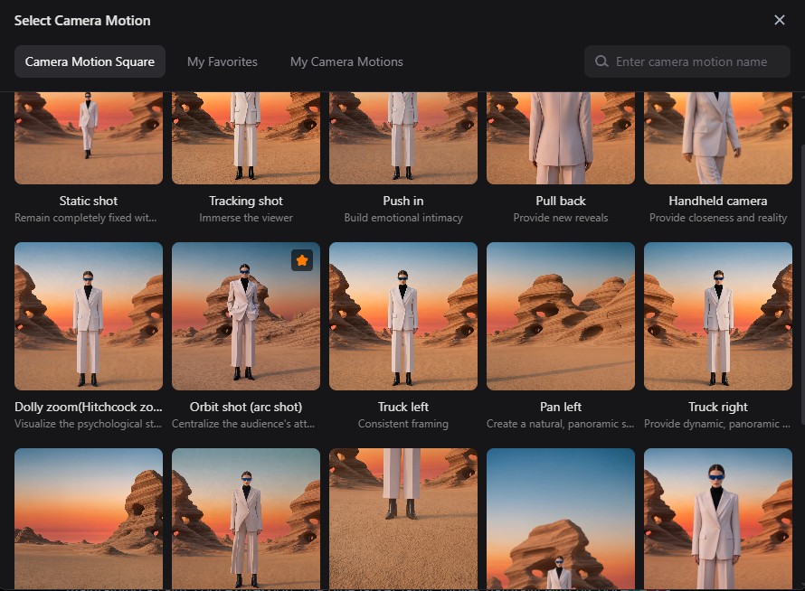 Pixmax camera motion selector with the Orbit shot option highlighted