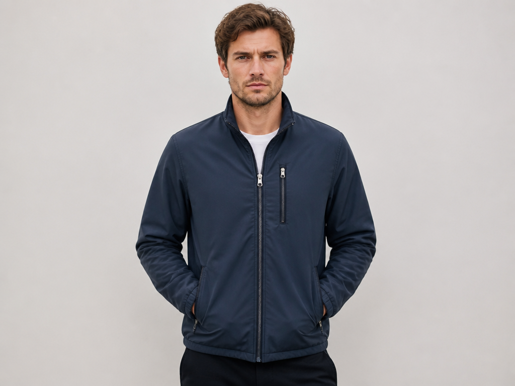 Front-facing male model in a navy jacket used as the Kling Motion Control character image