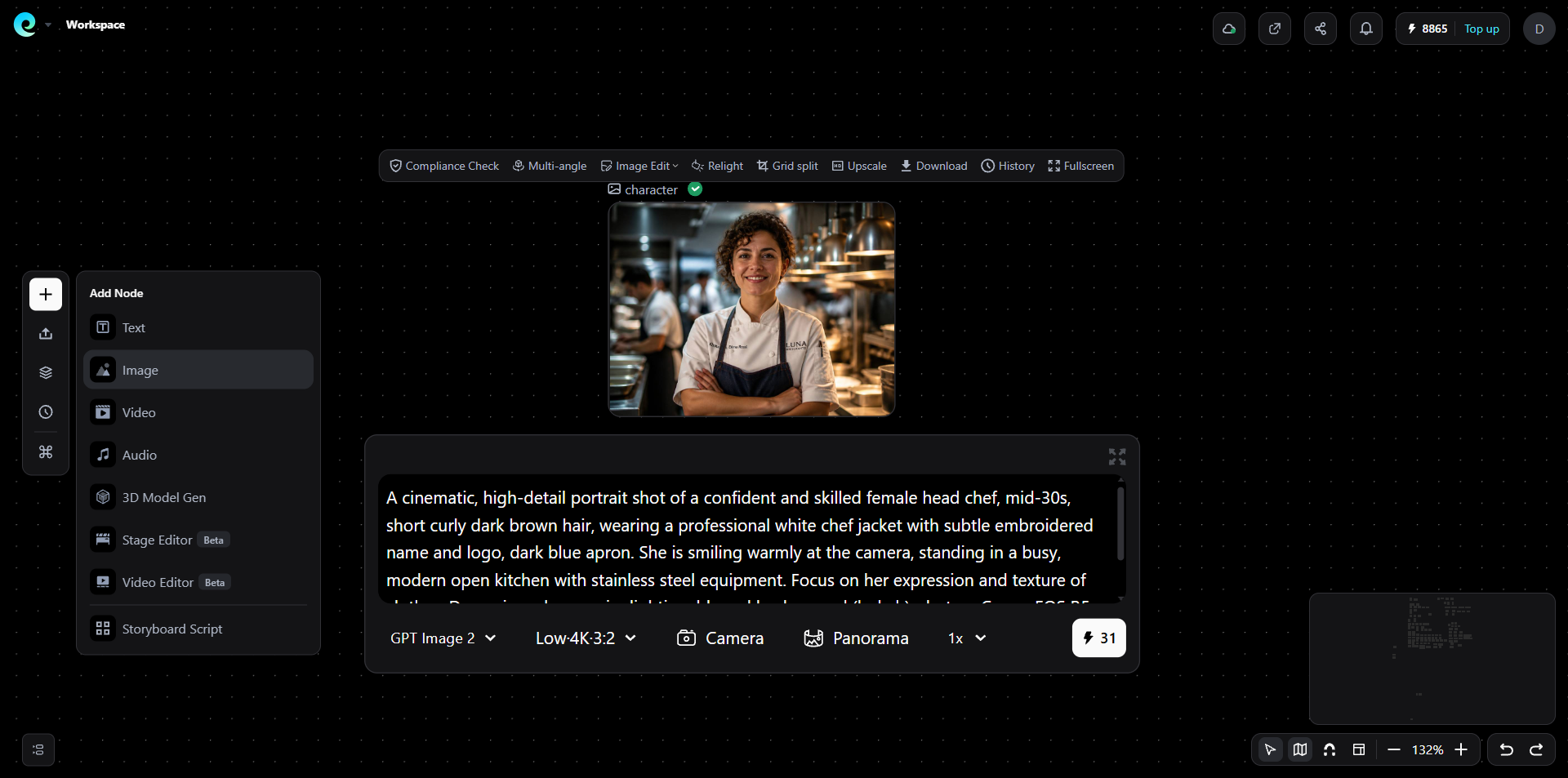 MiniMax H3 prompt example showing a female chef character reference in Pixmax