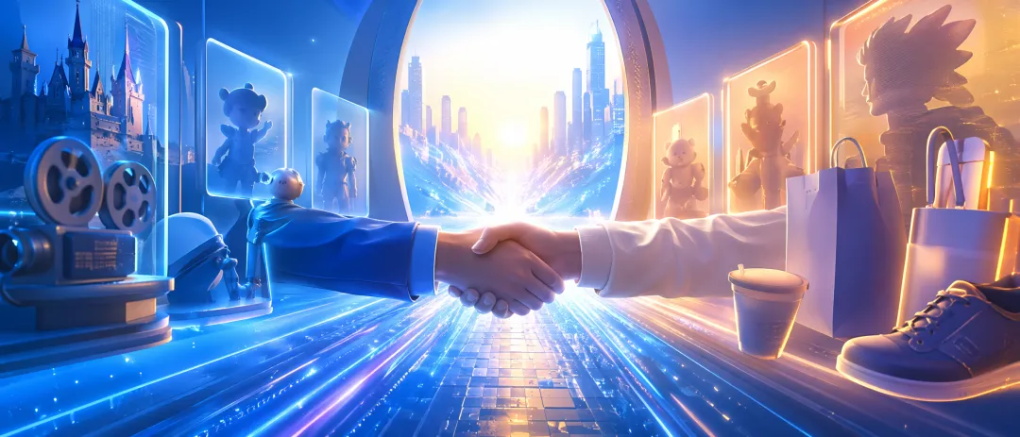 图片展示了两个角色在充满未来科技感的场景中握手的场景。背景有城市天际线、电影胶片等元素,画面以ctest addCriterion