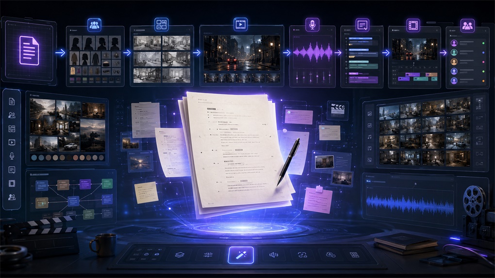 图片展示了一款一站式AI短剧剧创作平台的界面。画面中心是一叠剧本,周围环绕着角色、分镜、视频、配音、字幕、剪辑等