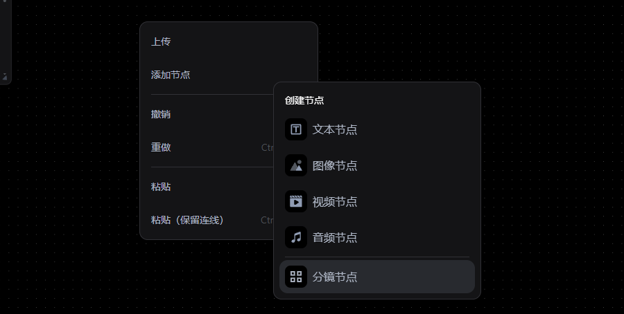 这张图展示了一站式AI短剧平台内的操作界面,包含两个弹出式右键菜单。左侧菜单有上传、添加节点、撤销、重做、粘贴、粘贴(保留连线等选项;右侧是“创建节点”的子菜单,列出了可创建的节点类型,其中“分镜节点”被高亮选中。结合上下文来看,该界面属于AI真人短剧制作流程中“拆分分镜并生成视频片段”的环节,创建分镜节点正是用于拆分短剧内容,以便后续生成对应视频片段。