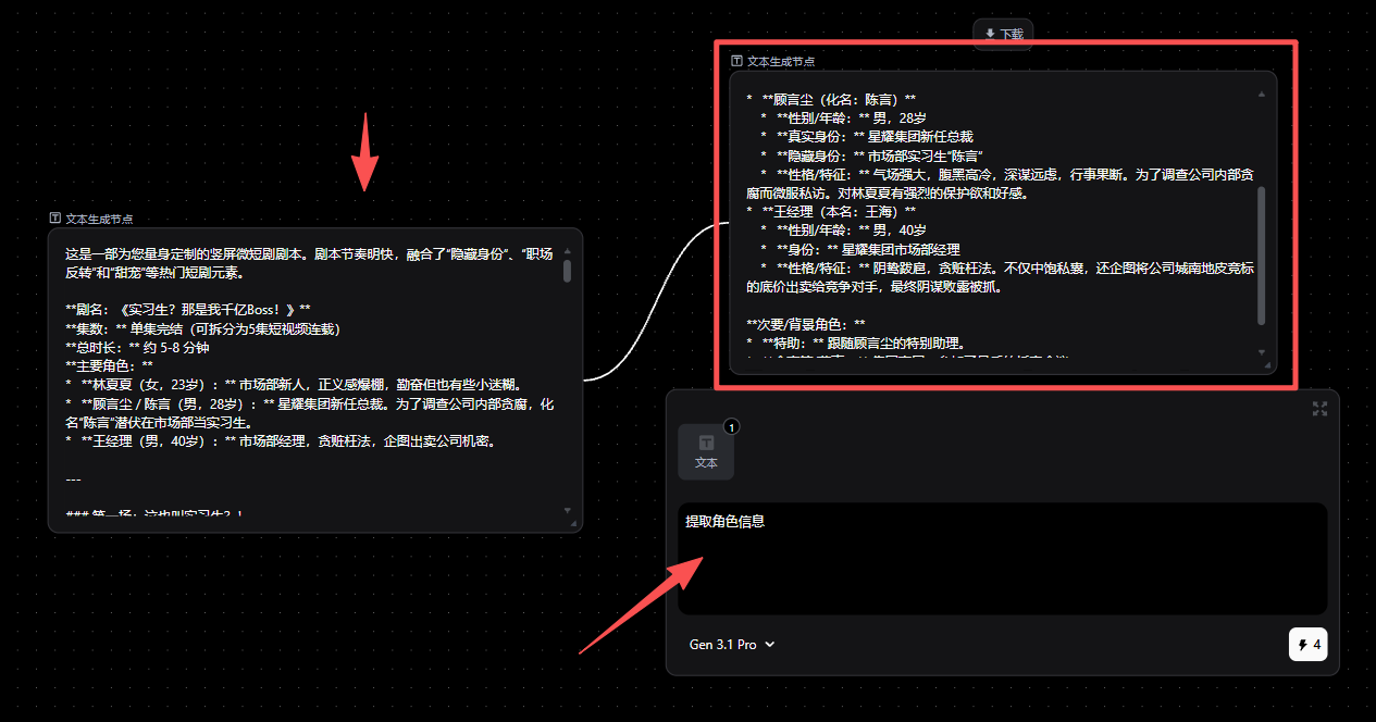 图片展示了Pixmax一站式AI短剧创作平台中设定角色形象的界面。左侧为平台的“文生角色”功能,可输入角色设定,如姓名、性别、年龄、职业、性格、性格等信息。右侧是生成的角色信息示例,包括姓名、性别、年龄、职业、职业、性格等。下方是“检索角色信息”区域,有“检索”按钮。该图片与上下文紧密