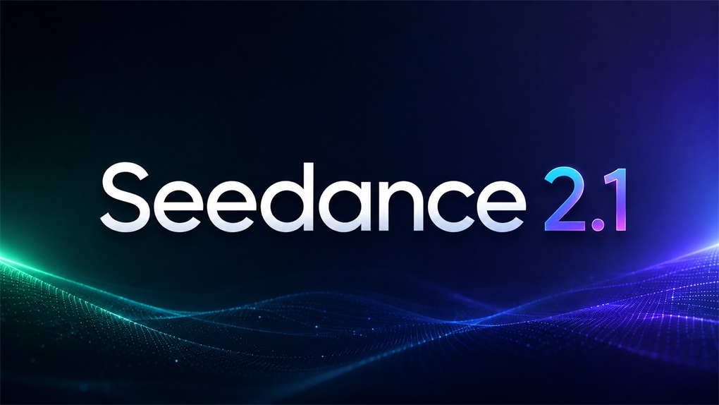 图片展示的是Seedance 2.1的标志,背景为深蓝色,带有绿色和紫色的光效线条。文字“Seedance”为白色,数字“2.1”