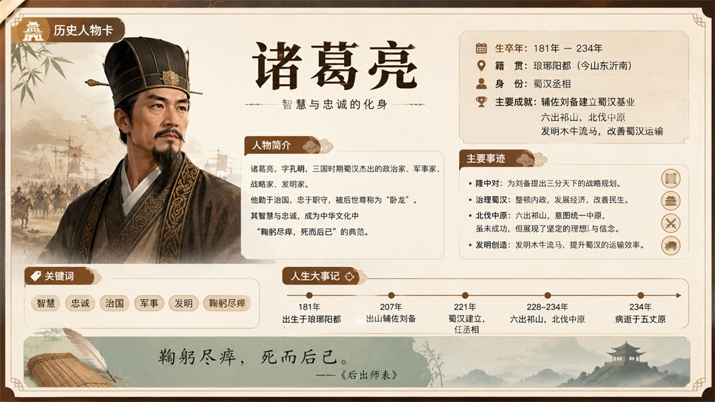 图片展示的是历史人物诸葛亮的介绍卡。左侧是诸葛亮的画像,他身着古代官服,头戴黑色官帽,面带胡须。右侧上方有其生卒年份、籍贯、身份及主要成就等内容。下方有“智慧”“忠诚”“治国”“军事”“发明”“鞠躬尽瘁”等关键词,以及其人生大事记,如181年出生、207年出山辅佐刘备等。底部引用“鞠躬尽瘁,死而后已”这一名言。该图与上下文关系紧密,直观呈现了诸葛亮的相关信息,可作为学生用AI设计个人作品集和项目展示页时的参考素材。