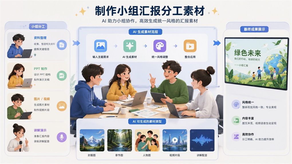 这张图展示的是用AI做学校小组项目的相关内容,标题为“制作小组汇报分工素材”,核心是说明AI助力小组协作生成统一风格汇报素材。图中左侧呈现了小组分工的内容,包含资料整理、PPT制作、图片/视频、讲解演示四项分工;中间明确了AI生成素材的流程,即输入主题需求、生成素材、统一风格调整、整合应用,还标注了AI可生成的具体素材类型,有封面图、章节图、人物图、视频片段、讲解配音;右侧展示了最终成果示例,是“绿色未来”主题的展示内容,并列出该成果风格统一、内容丰富、高效协作的优势。