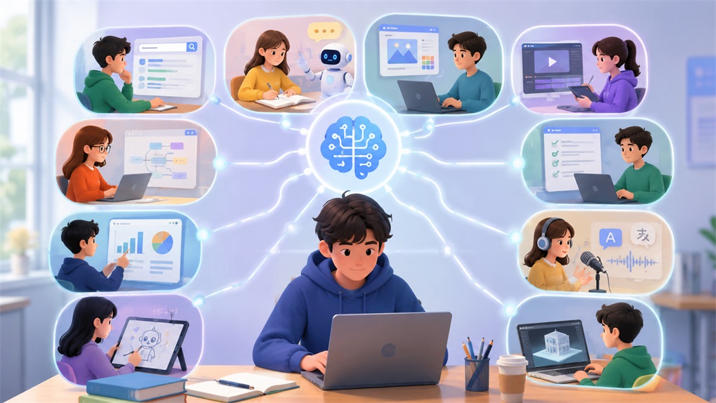 这是一幅与学生借助AI工具完成学校项目相关的AI生成创意插图。画面中间是一位操作笔记本电脑的男生,其身旁的蓝色大脑图标象征人工智能,通过发光线条连接周围多个学生场景,对应学生用AI完成各类创作的10种方式。这些场景分别展示了学生使用电脑处理文档、与AI机器人互动制作笔记、用AI生成数据图表、进行视频制作、编辑文档、生成统计图表、绘制设计图、录制配音、处理文字内容等多种任务,直观呈现出AI作为辅助工具,能够帮助学生将文字想法转化为各类素材,助力学校项目创作的内容。