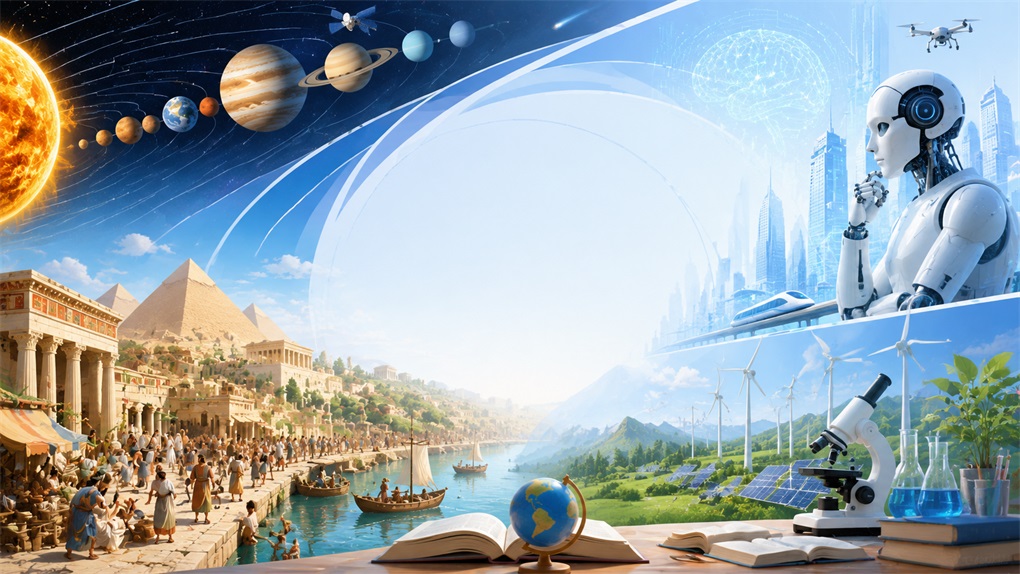 图片展示了一个未来科技与古代文明交融的场景。画面左侧是古埃及金字塔等建筑,右侧是未来城市景观,有摩天大楼、风力发电机和太阳能板。前景中摆放着地球仪、显微镜、书本等物品,右侧有一个机器人手托下巴思考。背景是星空,太阳和行星环绕,还有无人机飞过。此图用于说明科学知识可视化,可将抽象内容以生动形象的方式呈现,帮助学生更好地理解科学知识。