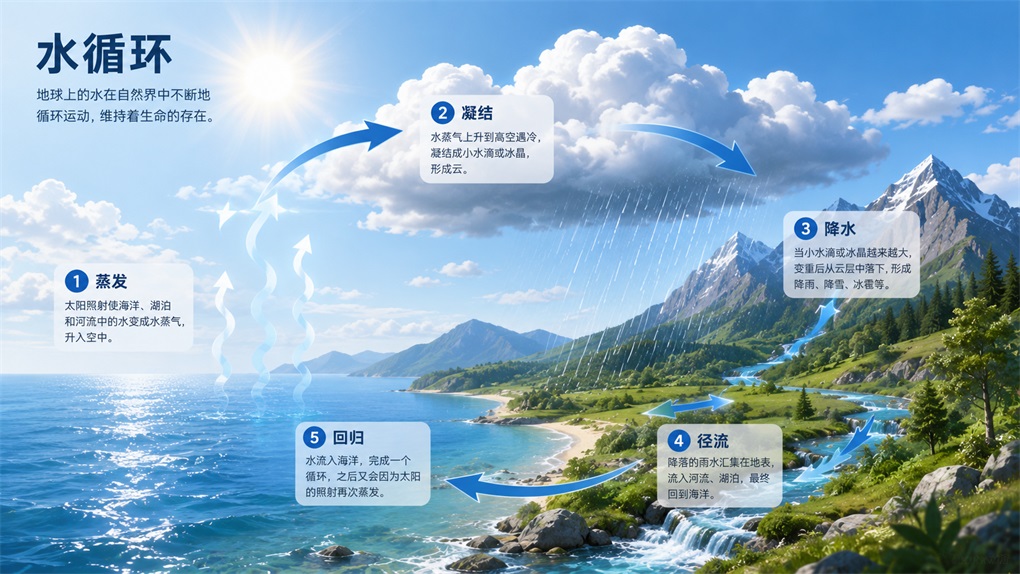 图片展示了水循环过程,背景是蓝天白云下的山海景色。上方太阳照耀,左侧标注“蒸发”,太阳辐射使海洋、湖泊和河流中的水变成水蒸气升入空中;中间标注“凝结”,水蒸气上升遇冷凝结成小水滴或冰晶,形成云;右侧标注“降水”,当小水滴或冰晶越来越大,变重从云层中下落,形成降雨、降雪、冰雹等;下方标注“径流”,降落的水汇集在地表,进入河流、湖泊,最终回到海洋;底部标注“回归”,水流入海洋,完成一个循环,之后又因太阳照射再次蒸发。