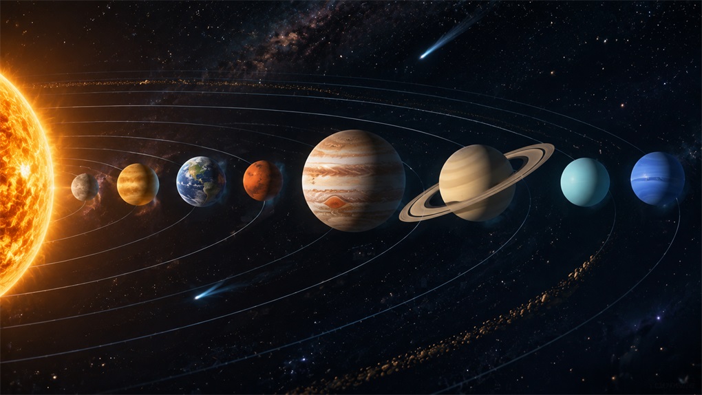 这是一张由人工智能生成的图片,呈现了太阳系的星球排布场景:画面左侧是炽热明亮的太阳,其右侧沿轨道依次排列着水星、金星、地球、火星、木星、土星、天王星、海王星,轨道线条环绕各星球,背景是布满星辰的深邃宇宙,还可见流星与星带元素。该图片用于辅助说明学生使用AI做学校项目的相关内容,对应了太阳系类项目的创作示例,这类视觉内容可搭配短视频来丰富项目展示效果,契合学生借助AI工具完成项目创作的场景。