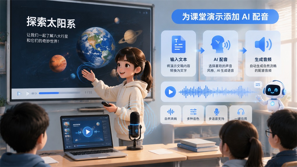 这张图片展示的是利用AI辅助开展课堂学习项目的场景,对应文档中“制作学习卡片和知识海报”的相关内容。画面里有学生借助电脑、麦克风开展相关活动,大屏幕呈现“探索太阳系”的学习内容,体现AI可辅助完成课堂演示的特点。图片还展示了为课堂演示添加AI配音的具体流程,包括输入文本、AI配音、生成音频的步骤,说明AI能帮助学生将学习内容转化为生动的课堂展示材料,让学习资料更清晰直观。