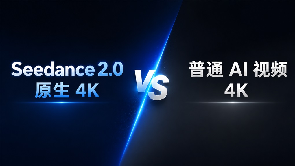 这张图片展示了Seedance 2.0原生4K与普通AI视频4K的对比,画面以蓝色斜线分割左右两个区域,左侧深色背景处用蓝色字体标注“Seedance 2.0 原生4K”,右侧深色背景处用白色字体标注“普通AI视频4K”,中间用醒目的白色“VS”标识标注二者存在对照差异,该图用于直观引出文档中要拆解的两类AI视频4K核心差异的主题。
