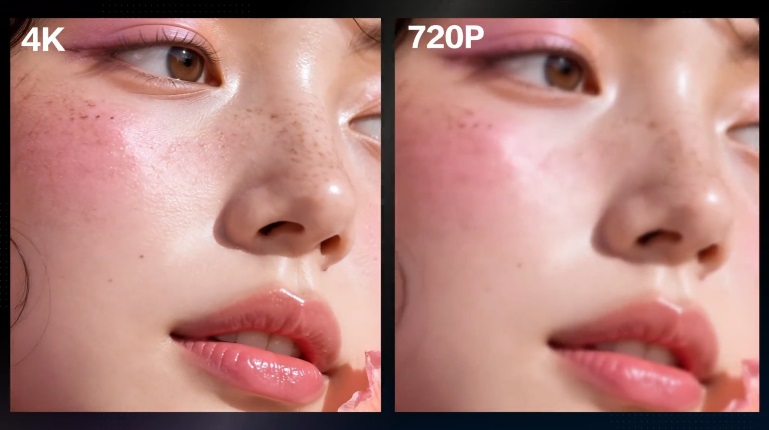 图片展示了4K与720P画质的对比。左侧标注“4K”,画面清晰,细节丰富,皮肤纹理、鼻头、嘴唇等细节均清晰可见;右侧标注“720P”,画面较为模糊,细节表现不足。该图与上下文紧密相关,直观呈现了普通AI视频4K(插值拉伸的“假4K”)与原生4K在画质上的差异,说明多数厂商为降低成本,仅将4K作为营销噱头,而Seedance2.0则不依赖插值算法,优先保障创作者商用成片质量。