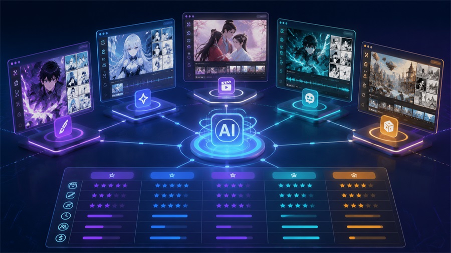 图片展示了小云雀AI一站式AI短剧创作平台的界面。画面中心是带有“AI”标识的立方体,周围环绕着多个显示不同场景的屏幕,如人物、战斗等。下方有多个功能图标,包括视频、剧本、分镜、配音、音乐、特效等,每个图标下方有不同星级标识,显示其功能评分。该图直观呈现了小云雀AI平台的创作功能及评分情况,与上文介绍其为轻量化生成入口的内容相呼应。