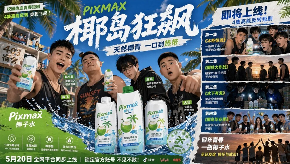 图片为Pixmax平台生成的椰岛狂飙短剧预热海报。画面中多位年轻男性手持椰子水,背景有椰子树、海滩等热带元素,突出“天然椰青 一口到热带”主题。右上角有“即将上线!4集高能反转短剧”字样,下方列出四集短剧名称及简介。左下角有Pixmax椰子水品牌标识及产品特点说明。该海报与上下文提到的Pixmax平台用Seedream 5.0 Pro生成短剧预热海报相契合,展示了其图文混排能力。