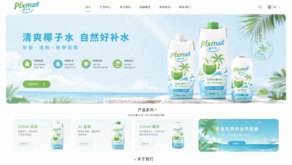 图片展示了Pixmax椰子水品牌官网页面。上方有品牌名称及“清爽椰子水 自然好补水”标语,下方有产品系列介绍,包括330ml装、1L装及330ml罐装,每款产品均有图片展示。页面背景为蓝天白云和椰子树,整体色调清新自然。该图片与上下文关系紧密,直观呈现了Pixmax品牌VI相关内容,与上下文提到的根据VI参考生成渠道图相呼应,展示了品牌视觉效果。