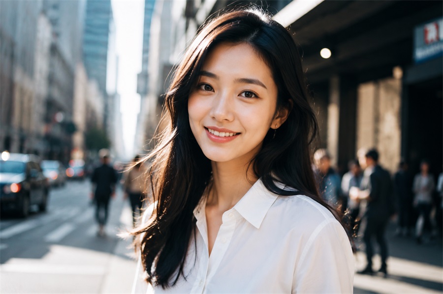 图片展示了一位年轻女性,她站在城市街道中,阳光自然照射,背景有行人和车辆。女性黑色长发自然披肩,穿着简约白色衬衫,面带微笑,看向镜头。这张图片与上下文的关系是,作为优化后的AI真人提示词示例,直观呈现了基础提示词“一个年轻女性”优化后的效果,帮助理解如何通过增加身份、外貌、场景等信息,使AI生成的人物图更贴近真人质感。