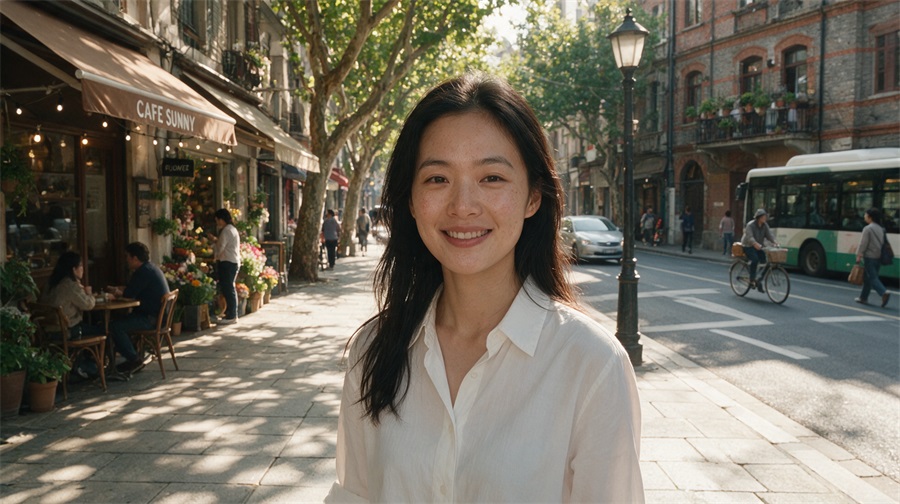 图片展示了一位25岁的亚洲女性,黑色长发自然披肩,穿着简约白色衬衫,站在城市街道中,阳光自然照射,背景有咖啡店、行人、自行车等,营造出电影摄影风格。该图片对应文档中优化后的AI真人提示词示例,直观呈现了提示词中提到的“真实皮肤纹理”“自然微笑”“城市街道”“电影摄影风格”等元素,通过增加人物细节、环境描述和摄影语言,AI能更准确理解创作者想要呈现的画面。
