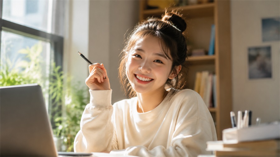 这是普通描述“开心的女孩”对应的AI生成人物图,图中是一名穿着米白色上衣的年轻女孩,她扎着半丸子头,手持一支黑色笔,坐在摆放有笔记本电脑、书籍与文具的桌前,面带灿烂的笑容,五官与神态的呈现较为平面,缺乏细腻的真实情绪细节。这张图直观体现了仅用简单直白的描述生成AI人物时,人物呈现效果的局限,呼应了文档中需要优化提示词的示例内容。