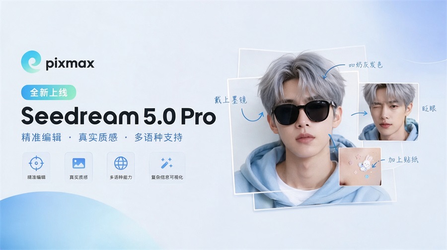 图片展示了Pixmax全新上线的Seedream 5.0 Pro图像大模型。画面左侧有Pixmax标志及“全新上线”字样，下方列出“精准编辑”“真实质感”“多语种能力”“复杂信息可视化”等特性。右侧是一位戴墨镜的灰发人物，旁边有“戴上墨镜”“奶灰发色”“眨眼”“加上贴纸”等文字，还配有相应的小图示。该图与上下文介绍Pixmax接入Seedream 5.0 Pro图像大模型，可完成全品类商用图像创作等内容相契合。