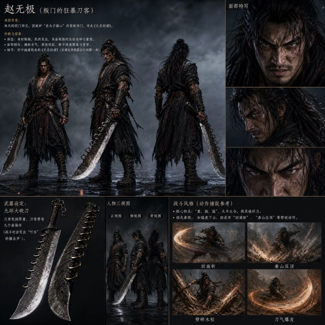 图片展示的是Pixmax平台生成的武侠短剧角色赵无极的设定图。画面中赵无极手持长刀，身着黑色战衣，背景为阴暗的天空。右侧有面部特写，呈现其凶狠眼神。下方有武器设定，展示九尺大砍刀。还有人物三视图、战斗风格（动作捕捉拳拳）等，如劈砍木桩、万气爆发等动作场景。该图与上下文介绍的Pixmax平台角色设定图生成功能相契合，直观呈现了平台生成角色设定图的效果。