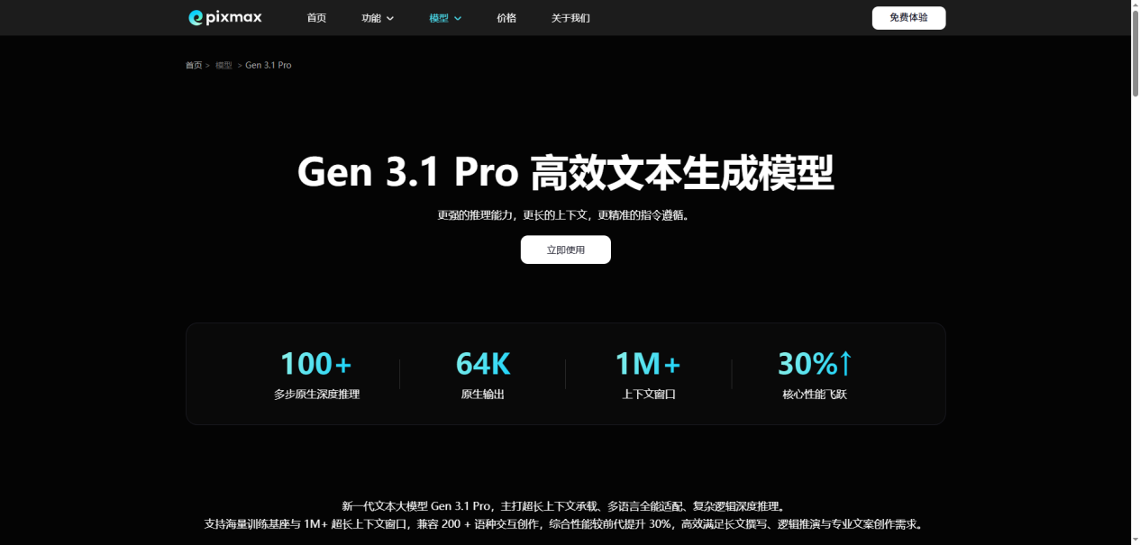 图片展示的是Pixmax平台的Gen 3.1 Pro高效文本生成模型页面。页面背景 addCriterionqa:image</qa>