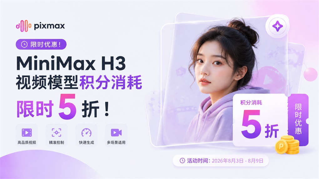 图片是Pixmax平台MiniMax H3视频模型积分消耗限时5折活动的宣传图。左侧有Pixmax标志及“限时优惠”标识,下方列出“高品质视频”“精准控制”“快速生成”“多场景适用”等优势。右侧是一位扎着高马尾的女性,背景有紫色元素。右侧还显示“积分消耗5折”“限时优惠”及活动时间“2026年8月3日 - 8月9日”。该图与文档中介绍的MiniMax H3视频模型积分消耗限时5折特惠活动内容相契合。