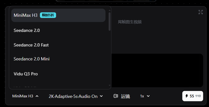 图片展示的是Pixmax平台中视频模型选择界面。画面左侧弹出窗口显示“MiniMax H3 限时5折”,下方有“Seedance 2.0”“Seedance 2.0 Fast”“Seedance 2.0 Mini”“Vidu Q3 Pro”四个视频模型选项。右侧是视频生成区域,显示“尾帧图生视频”,下方有“2K-Adaptive-5s-Audio On”“运镜”“1x”等设置选项,右下角有“55”和“+0”标识。该图片与文档中活动详情部分相关,直观呈现了MiniMax H3视频模型限时5折活动时的模型选择界面。