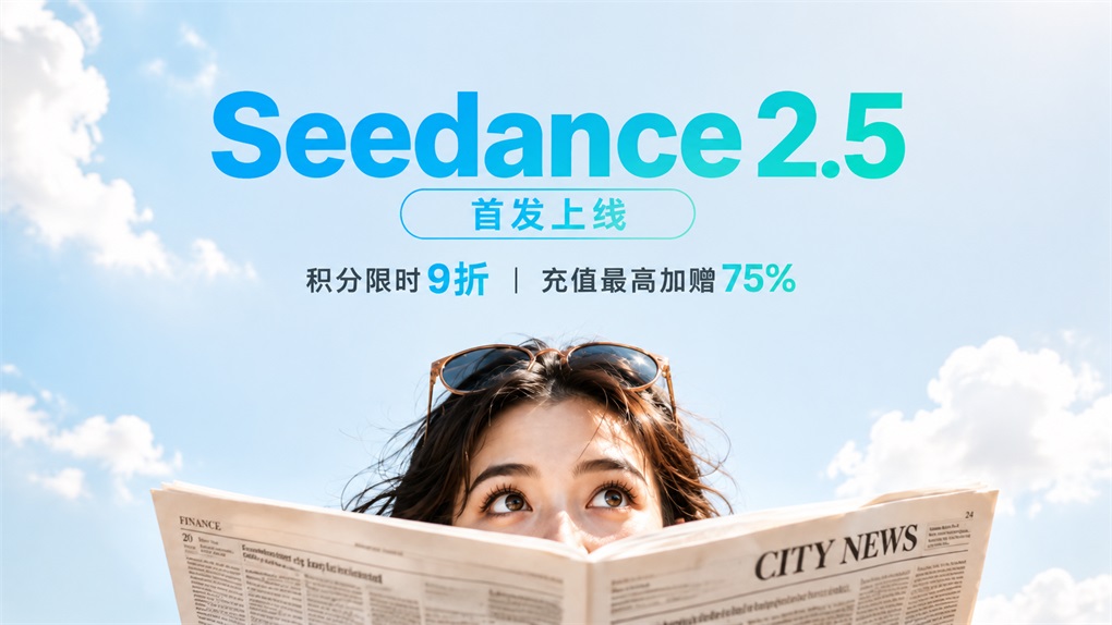 这张图片是Seedance 2.5上线的宣传图,背景为带云朵的浅蓝色天空,一位头顶架着墨镜的女士翻开报纸,露出眼睛望向斜上方。图中用显眼的亮蓝色和青绿色字体标注了“Seedance2.5”,并搭配“首发上线”的说明,还明确告知了活动核心信息:积分限时9折,充值最高加赠75%,契合文档中Seedance 2.5正式上线Pixmax、同步开启优惠的主题,清晰传递了活动的核心利好内容。