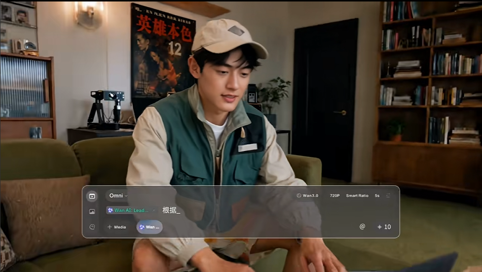 图片展示的是Wan 3.0演示片截图。画面中,一位男士坐在沙发上,背景为书架、海报等。画面下方有“Omni”界面,显示“Wan AI Lead”“根据_”“+ Media”等内容,右侧有“Wan3.0”“720P”“Smart Ratio”“5s”“+10”等选项。该图片与上下文紧密相关,直观呈现了Wan 3.0在AI视频生成方面的操作界面,体现了其在输入能力上的扩展,可读取多种文件类型,助力AI视频从“生成一个镜头”走向“讲述一段故事”。