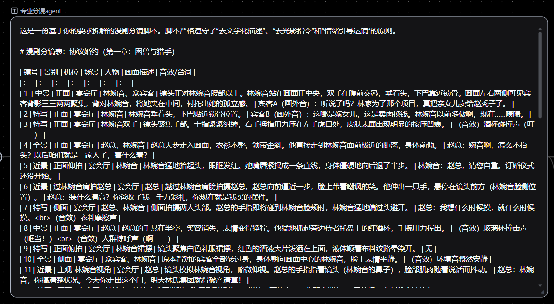 图片展示的是AI漫剧制作中剧情拆分的示例。画面呈现了多个剧情片段，如“第1镜”“第2镜”“第3镜”等，每个片段包含场景、人物、画面描述、音效/台词等内容。如第1镜描述了黄昏教室 自动生成的AI漫剧剧本