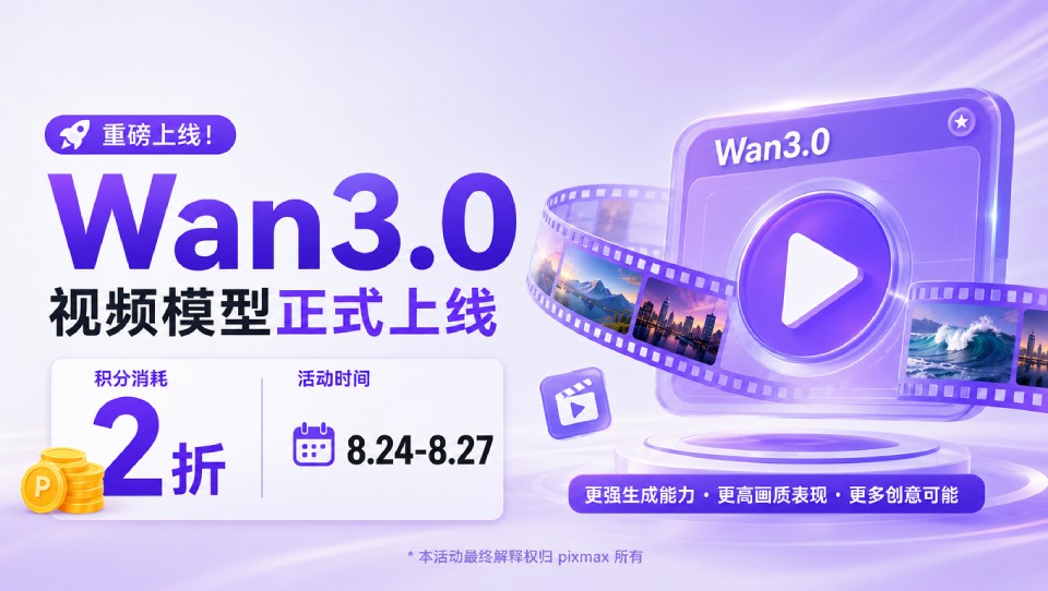 Wan3.0视频模型正式上线,Pixmax同步接入并推首发2折