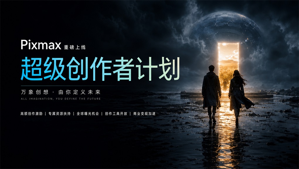Pixmax 2026超级创作者计划宣传图，黑暗电影感场景中两人走向金色光门，左侧标注高额激励与全球曝光等权益
