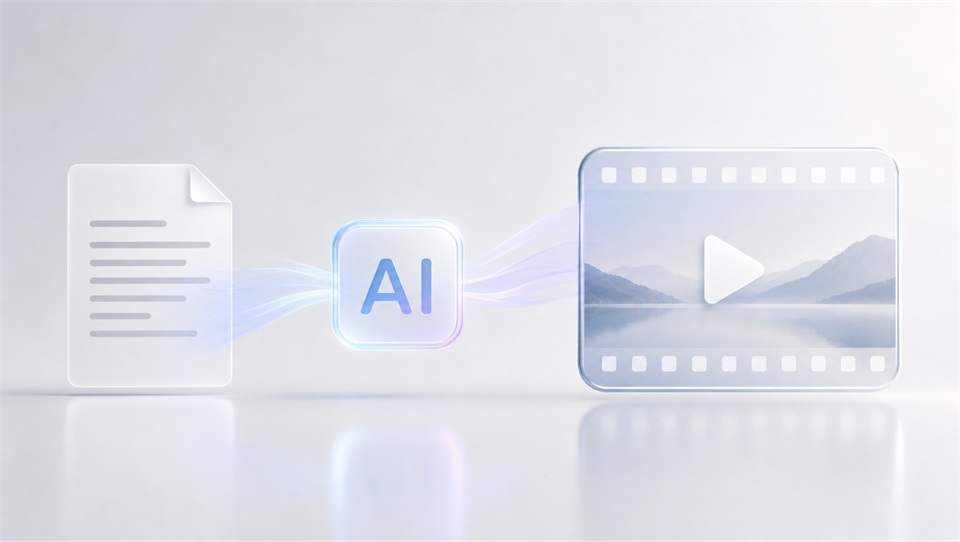 AI文稿生成视频示意：左侧文稿图标经中间AI按钮转化为右侧风景成片画面