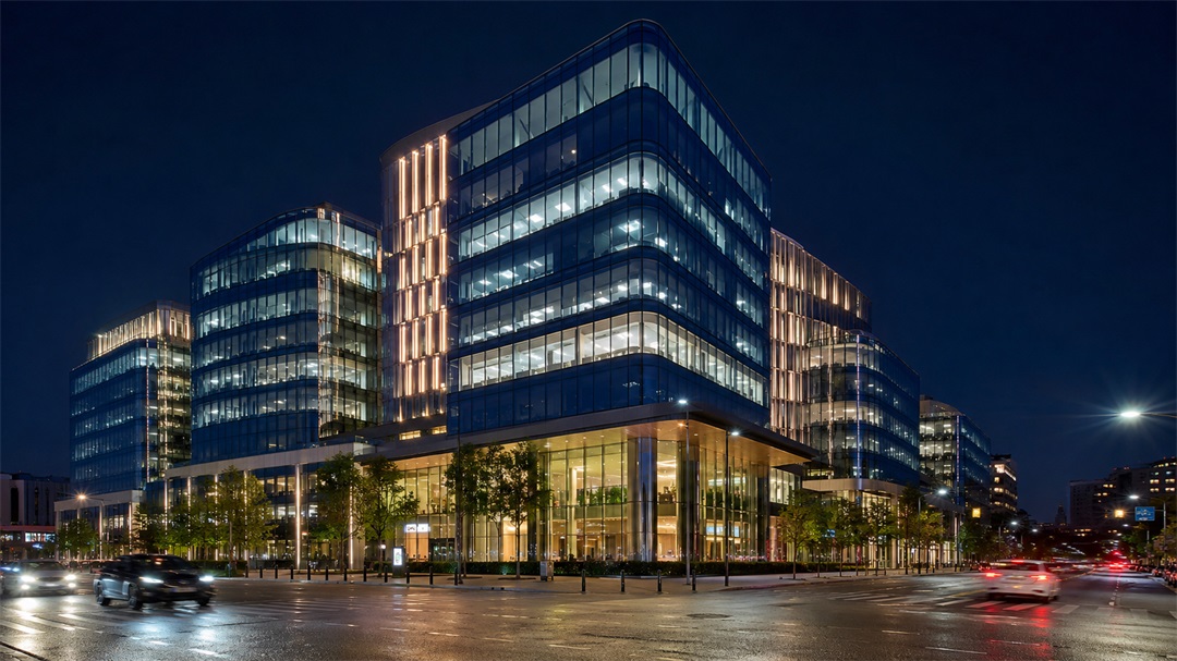图片于PixImage 2生成效果对应的图片,展示了一座现代商业综合体的夜景。建筑为玻璃幕墙结构,夜晚灯光璀璨,玻璃反射出街道和天空的色彩。建筑前有绿化带,路边停有车辆,远处可见其他建筑。整体画面色彩丰富,光影层次分明,真实还原了建筑材质反光效果及夜景细节,体现了AI图像大写实效果的高还原度。