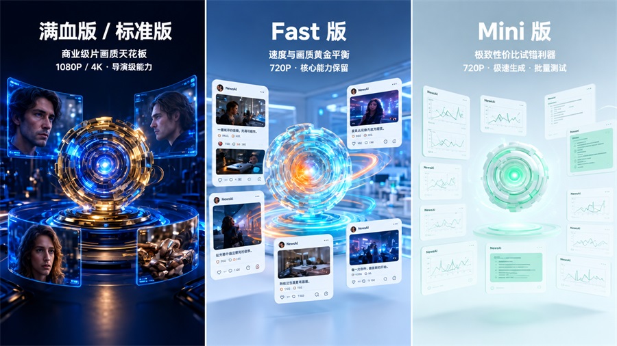 Seedance 2.0 满血版、Fast 版、Mini 版能力定位对比图