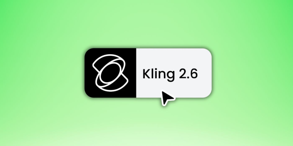 这张图片展示了名为Kling 2.6的视频AI工具标识,其背景为淡绿色,标识自身由黑、白两部分拼接而成,左侧黑色区域印有白色的品牌标识图案,右侧白色区域标注有黑色的“Kling 2.6”字样,标识下方有一个鼠标箭头正指向该标识,对应上下文介绍中提及的这款生成速度较快、画质出色,符合日常联系或发布短视频使用的视频AI工具。