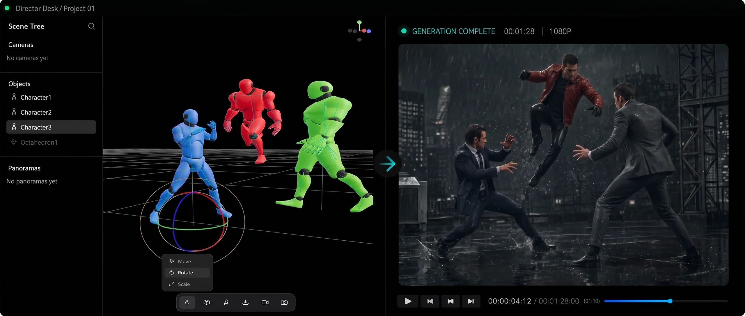 Pixmax 3D Stage interface with character blocking and camera preview